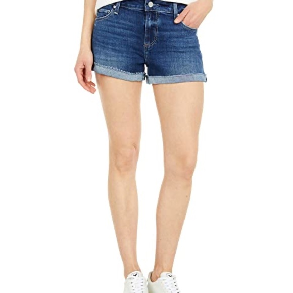 PAIGE Pants - Paige Jimmy Jimmy Shorts Dark Wash Low Rise Raw Cuffed Hem Pre Faded & Feathered